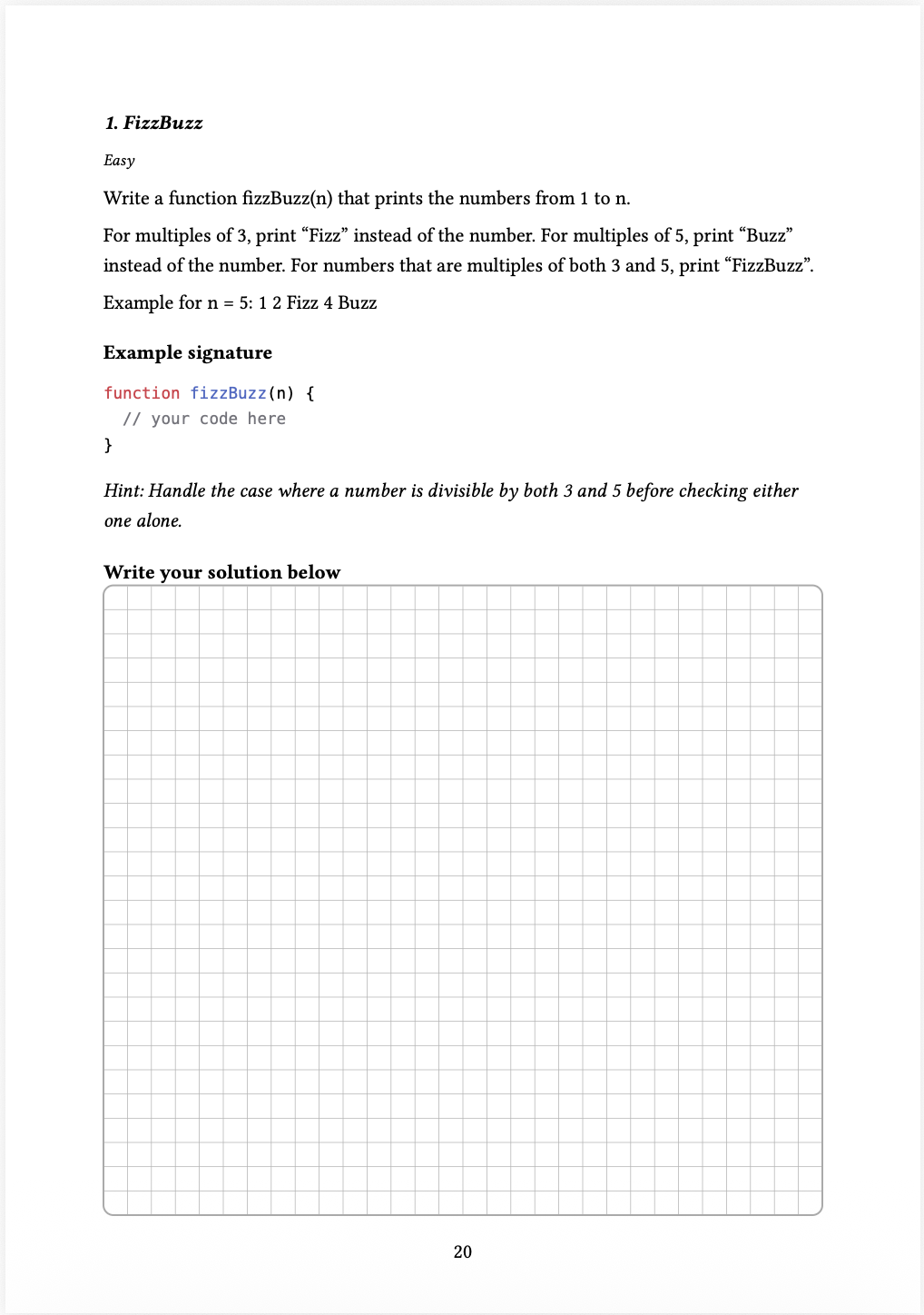 Sample workbook page showing a FizzBuzz problem and writing space